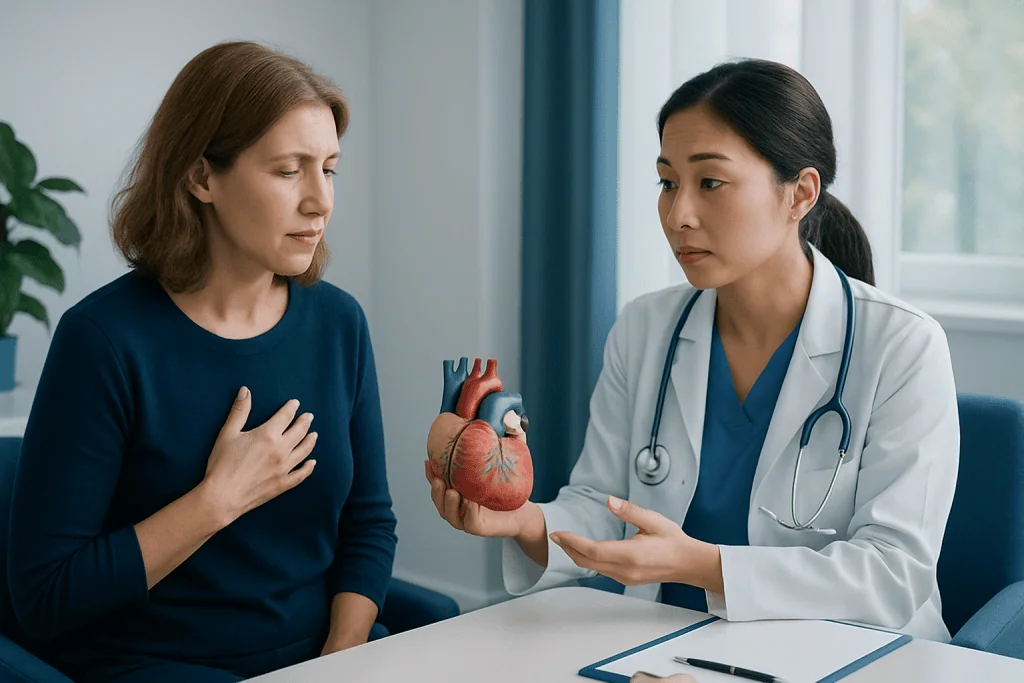 Doctor explaining heart health to a woman patient with a model of the heart.