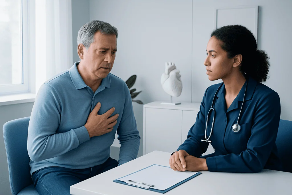 Doctor consulting with a patient about heart health symptoms.