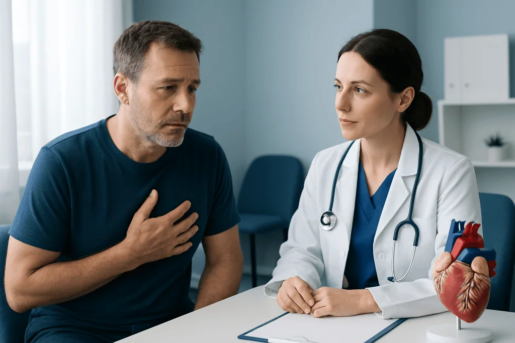 Doctor explaining heart health to male patient in consultation room.