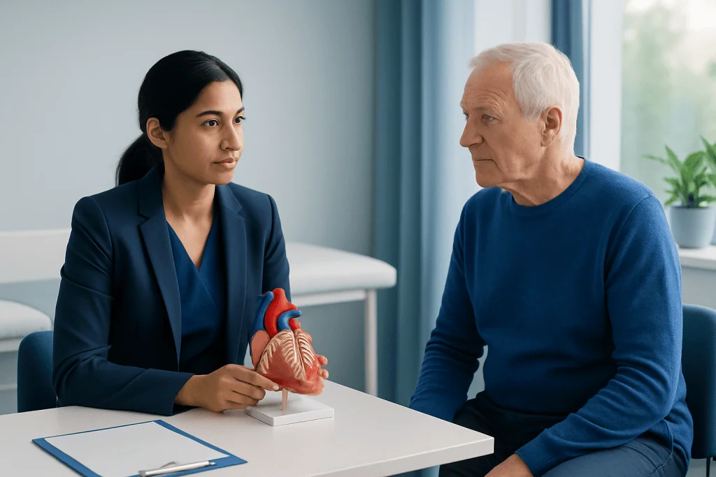 Doctor explaining heart anatomy to an elderly patient in a consultation room.