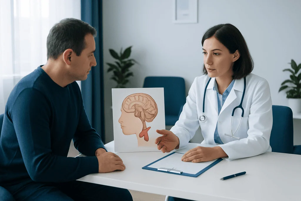 Doctor explains pituitary gland issues to patient in consultation room.