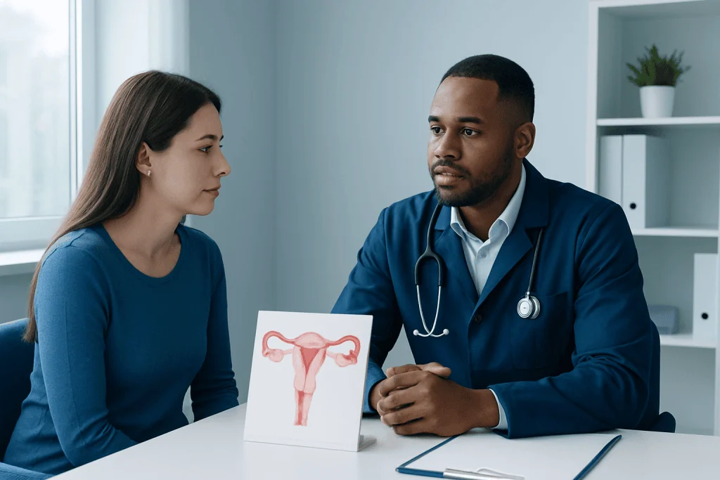 Doctor consulting with a patient about female reproductive health.