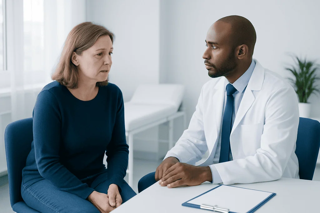 Doctor consulting with a middle-aged woman in a medical office.