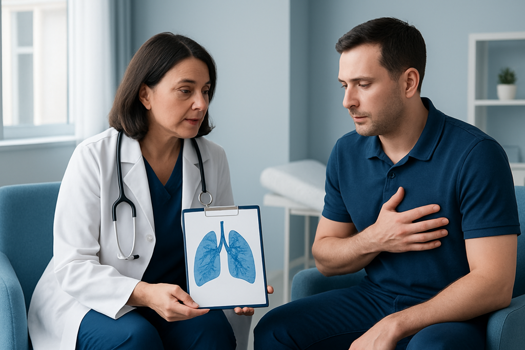 Doctor explaining lung X-ray to patient in a medical consultation.