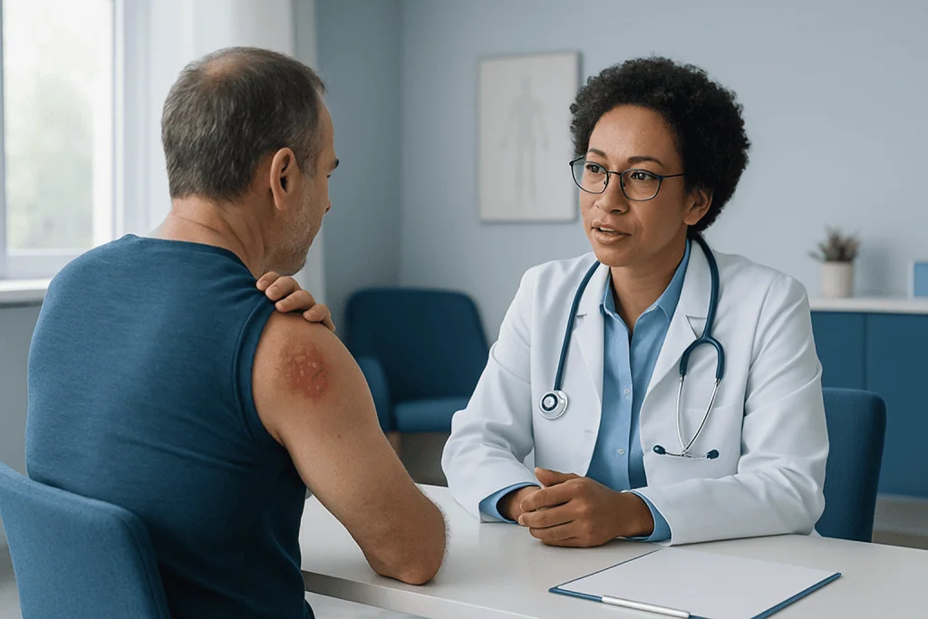 Doctor examining patient's skin rash related to shingles.