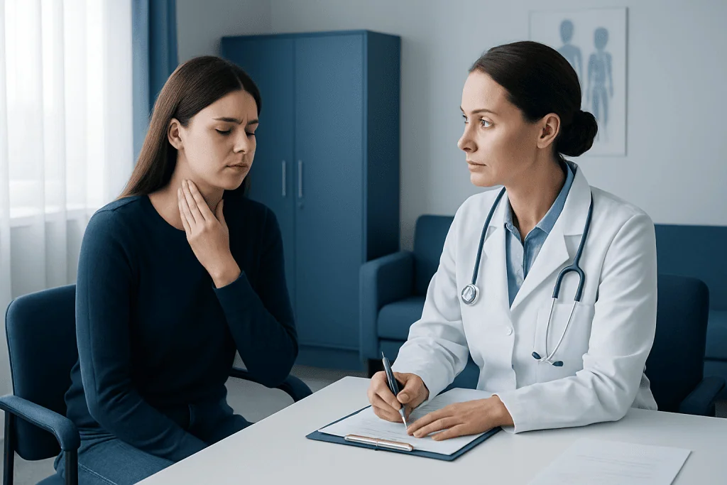 Doctor consulting a young woman with sore throat in a medical office.
