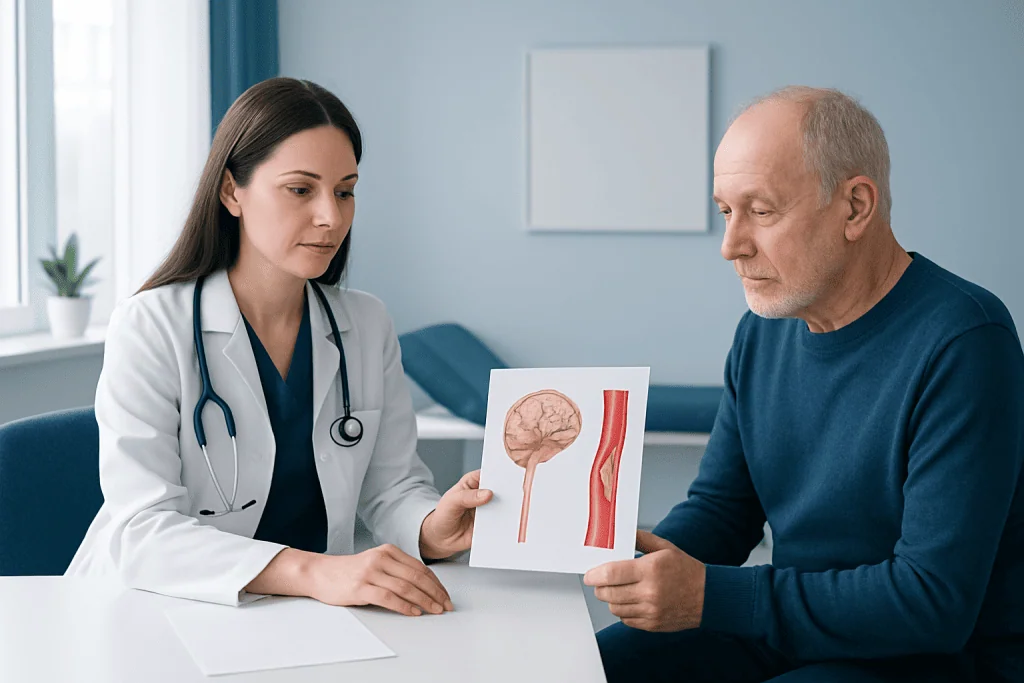 Doctor explaining brain and artery diagram to patient in consultation room.