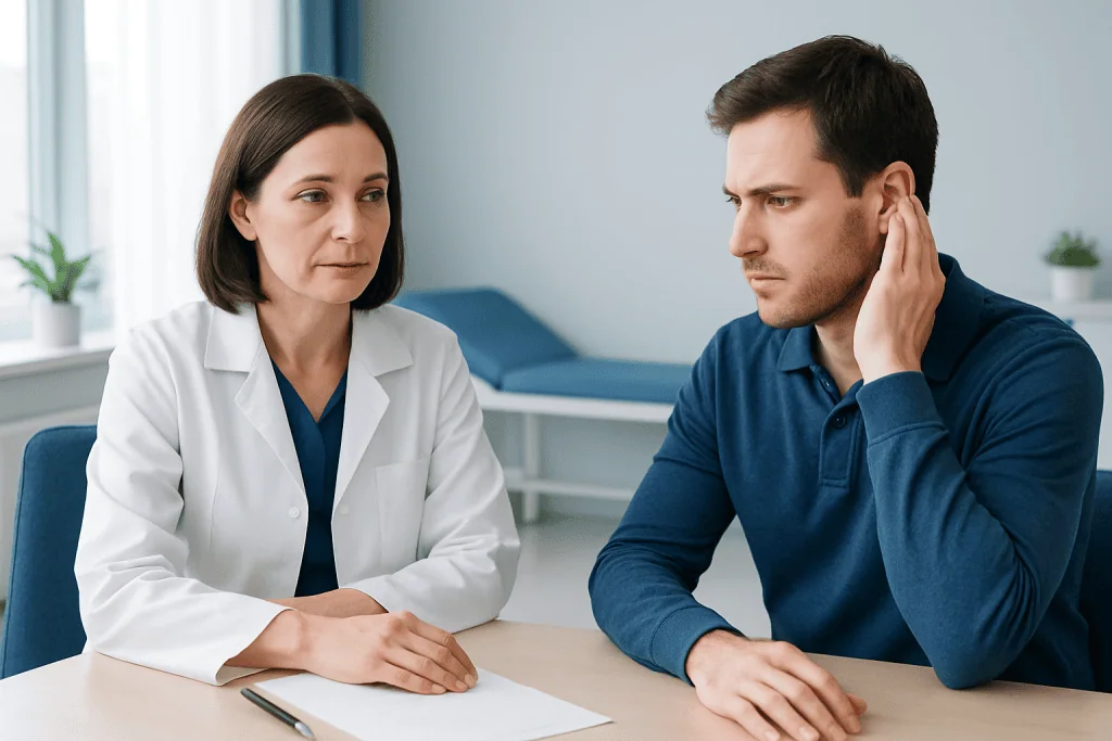 Doctor consulting patient about pulsatile tinnitus symptoms.