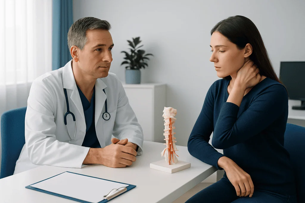 Doctor consulting with patient about spinal health and vertebral artery issues.
