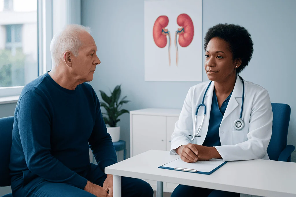 Doctor consulting with an elderly patient about kidney health in a medical office.