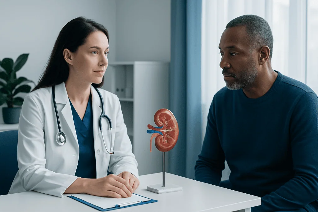 Doctor explaining kidney health to patient in consultation room.