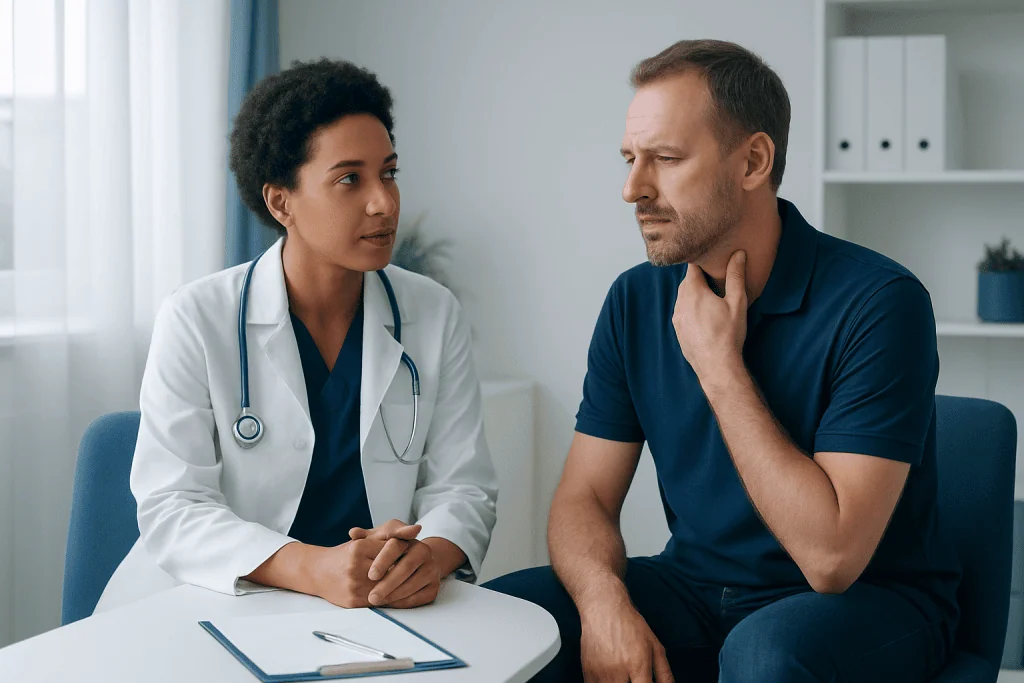Doctor consulting with a patient about throat or respiratory issues.