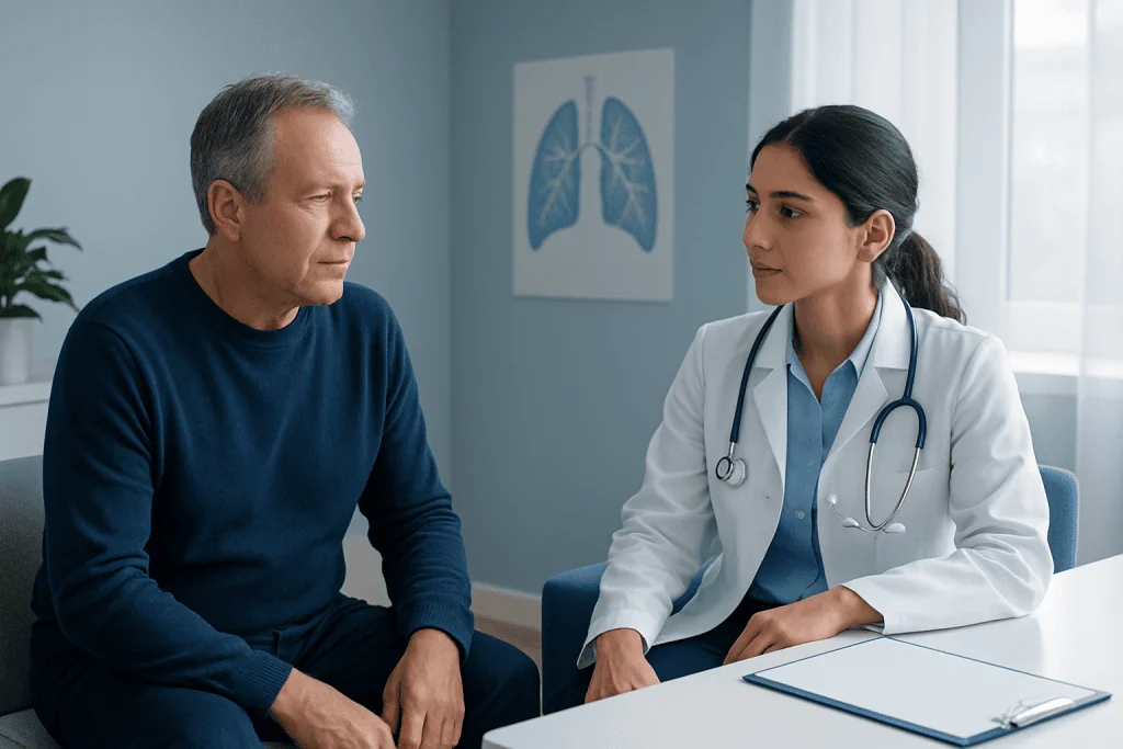Doctor consulting with a patient about lung health in a medical office.