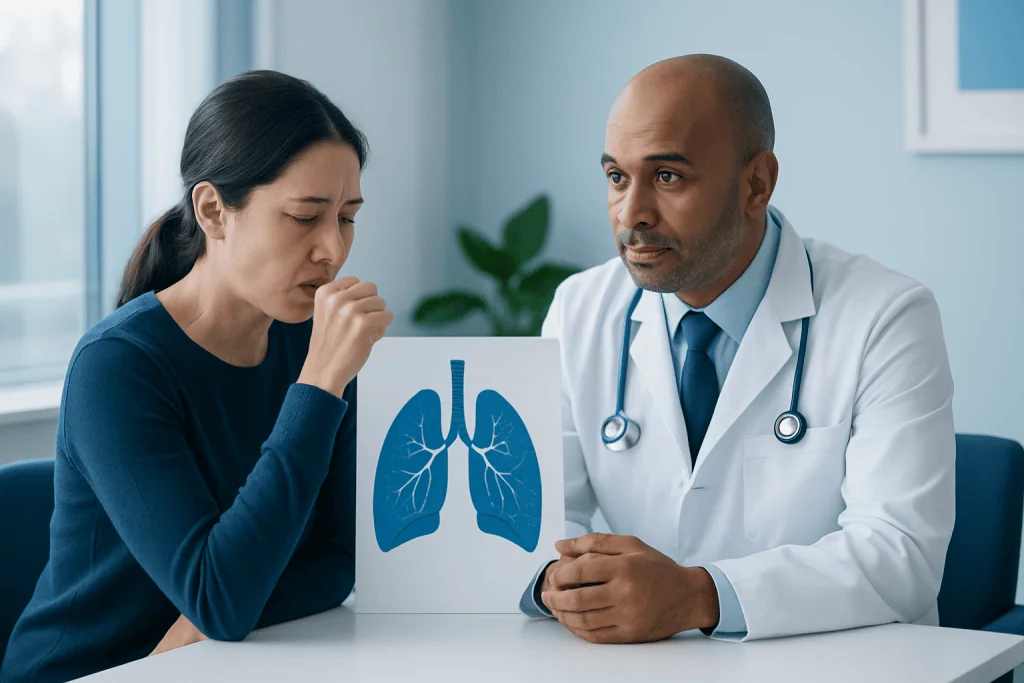 Doctor explaining lung health to patient with lung diagram.