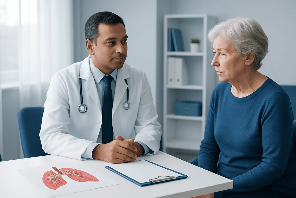Doctor consulting with elderly woman about lung health in a medical office.
