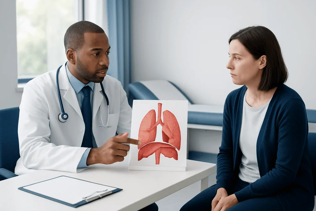 Doctor explaining lung anatomy to a patient in a medical consultation.