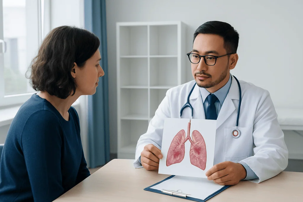 Doctor explaining lung health to patient with lung diagram.