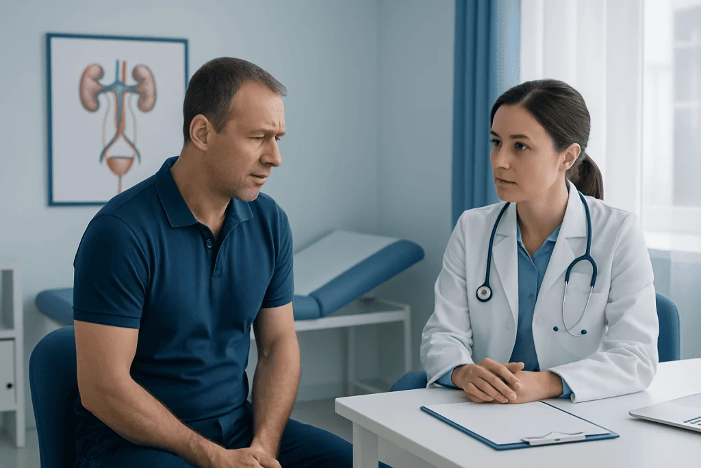 Urologist consulting with male patient in clinic setting.
