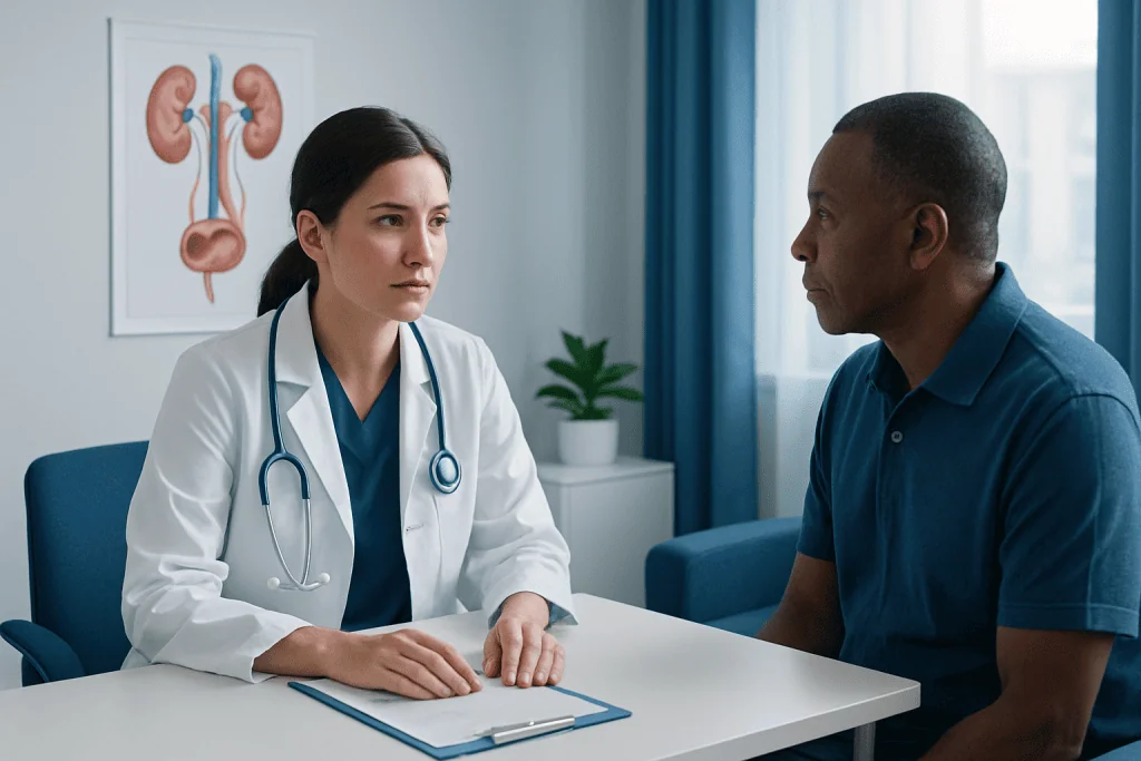 Doctor consulting patient in a medical office with kidney diagram on the wall.