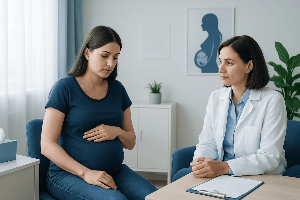Pregnant woman consulting with doctor about mental health during pregnancy.