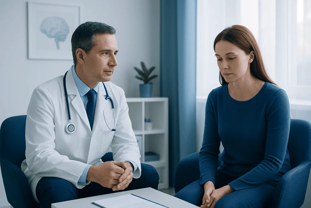 Doctor consulting with a young woman in a medical office setting.