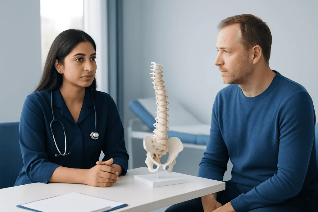 Doctor explaining spinal health to patient with spine model in clinic.