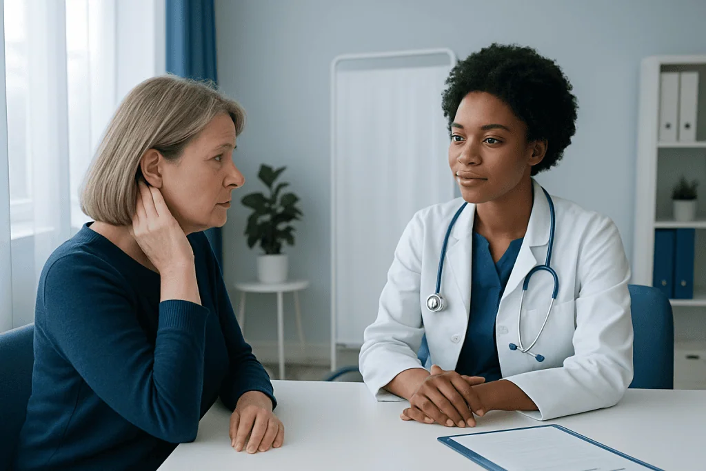 Doctor consulting with a patient about tinnitus treatment options.