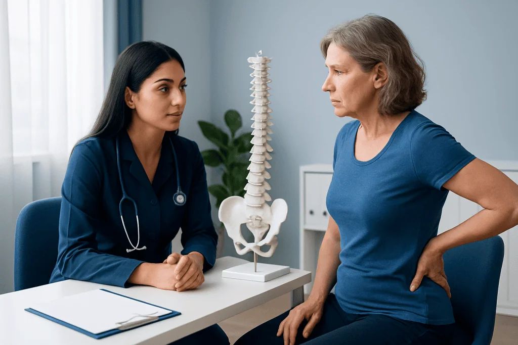 Doctor consulting with a patient about spinal health and scoliosis treatment.