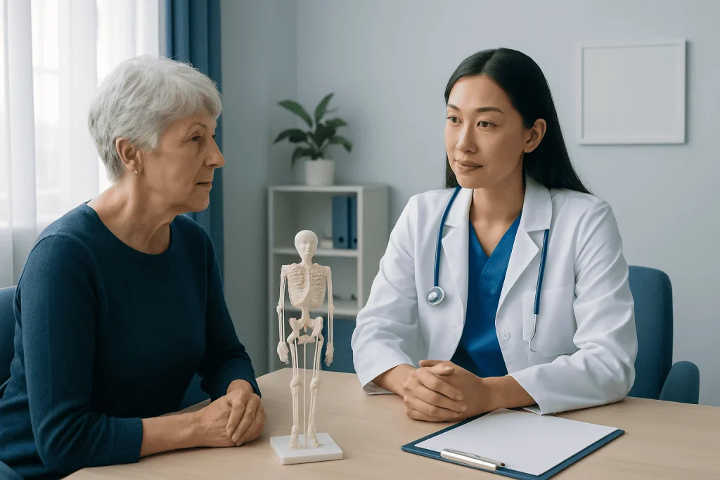 Doctor consulting elderly woman about bone health with skeleton model present.