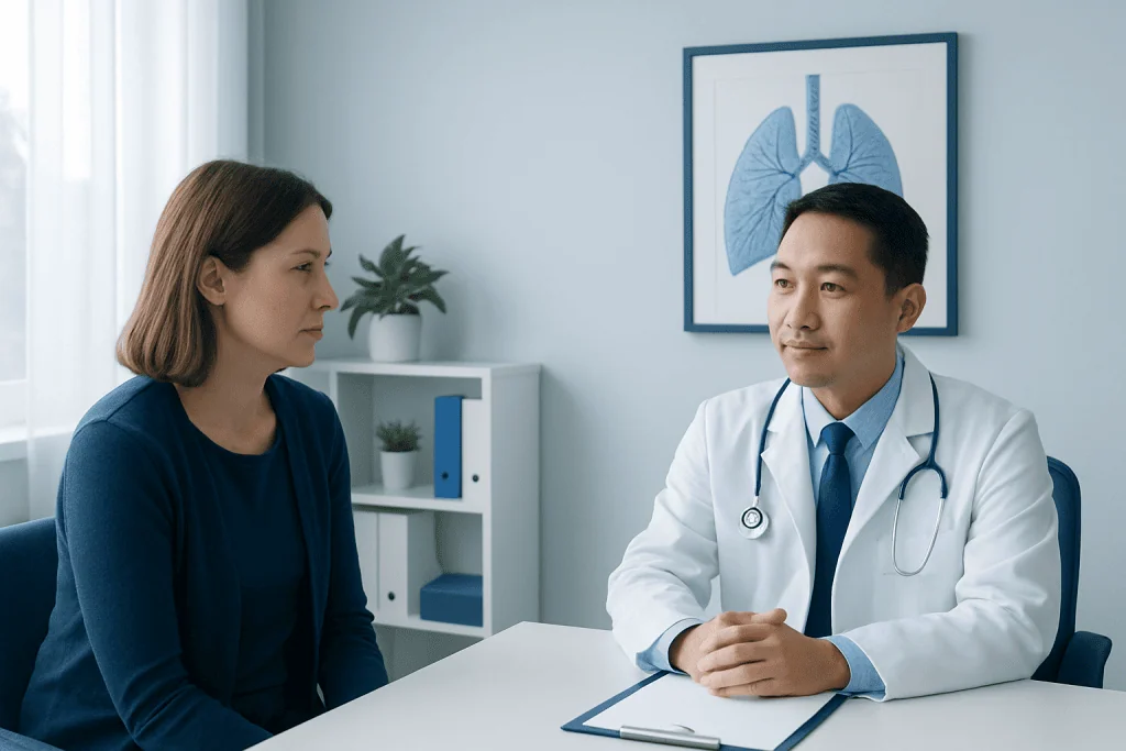 Doctor consulting with a patient in a medical office with lung diagram.