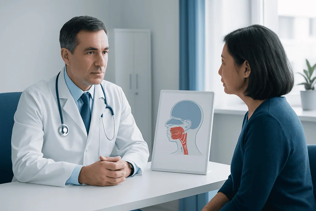 Doctor consulting with patient about nasopharyngeal cancer symptoms and diagnosis.