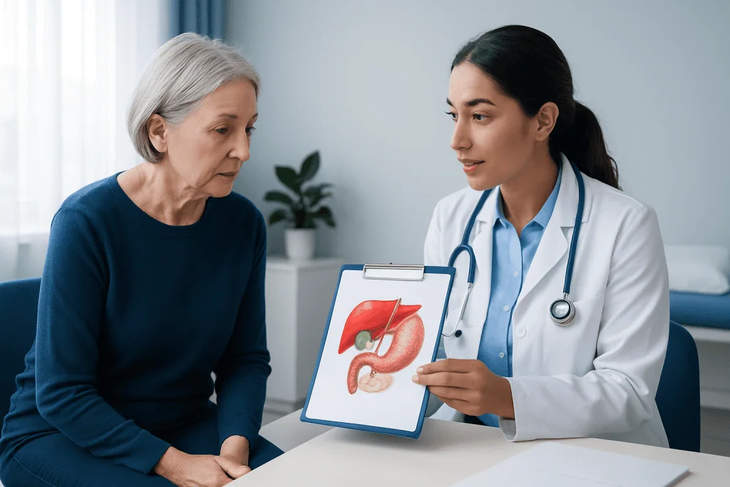Doctor explaining gallbladder anatomy to patient with diagram.