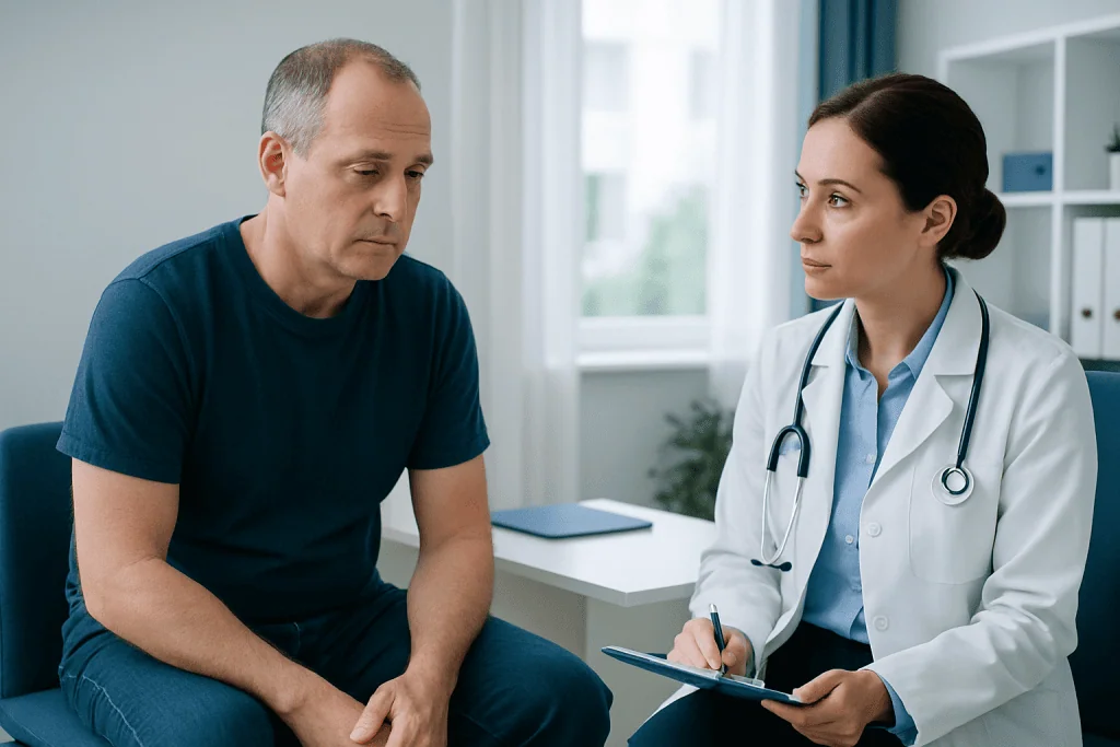 Doctor consulting with male patient in a medical office setting.