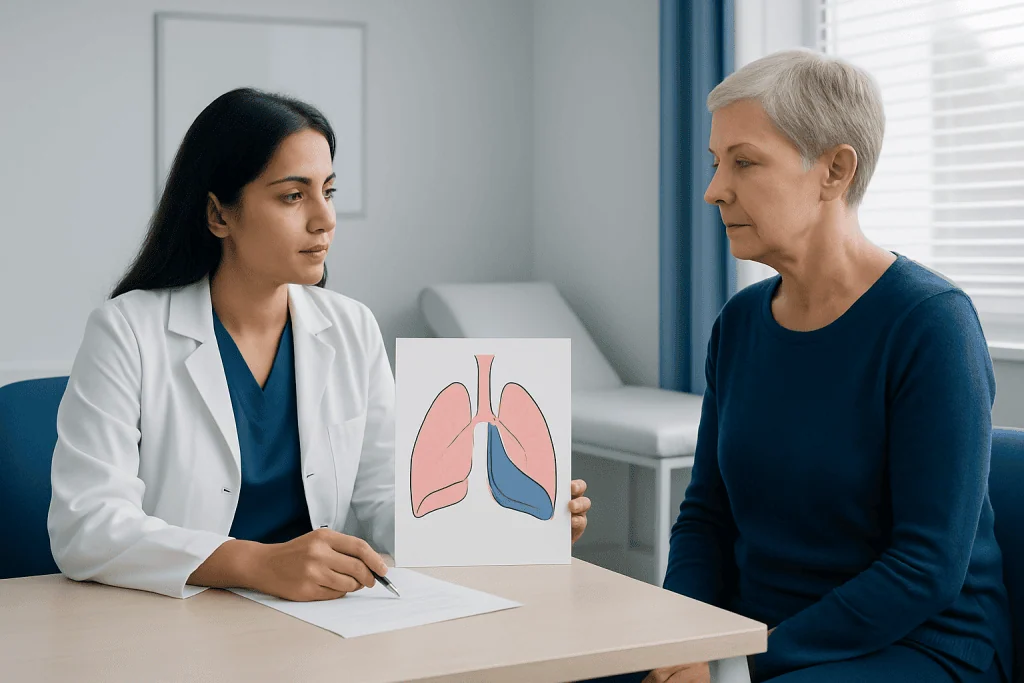 Doctor explaining pleural effusion to patient with lung diagram.
