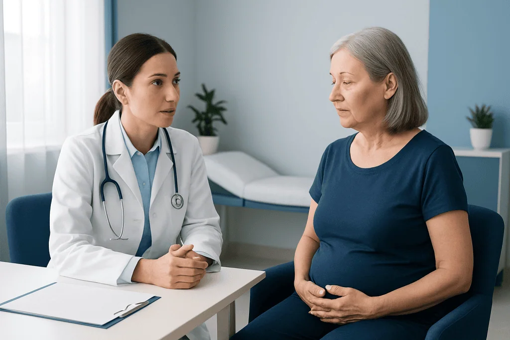Doctor consulting an elderly woman about health concerns in a clinic.