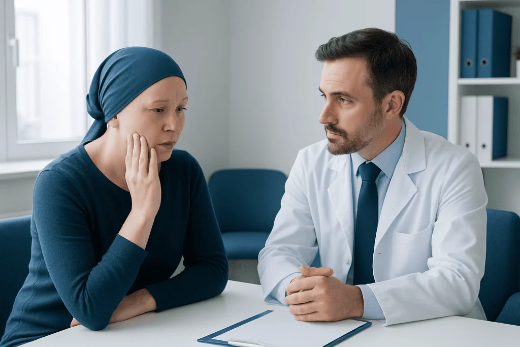 Doctor consulting with a patient about mouth sores during cancer treatment.