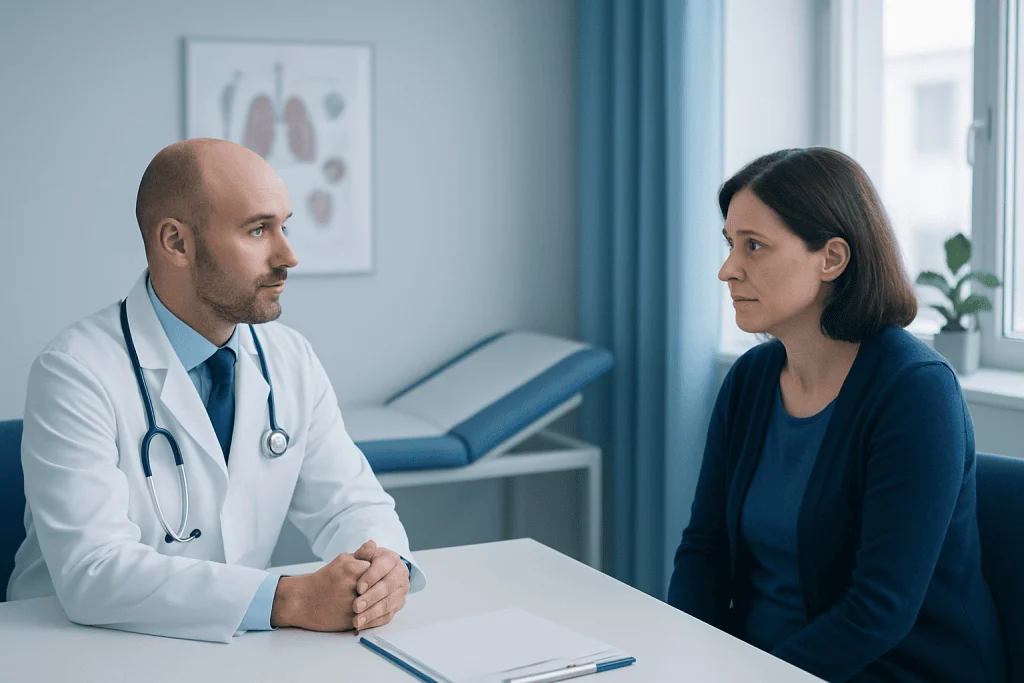 Doctor consulting with a female patient in a medical office setting.