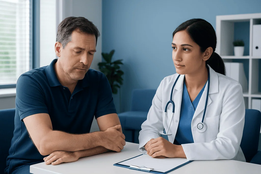Doctor consulting with patient about cubital tunnel syndrome symptoms.