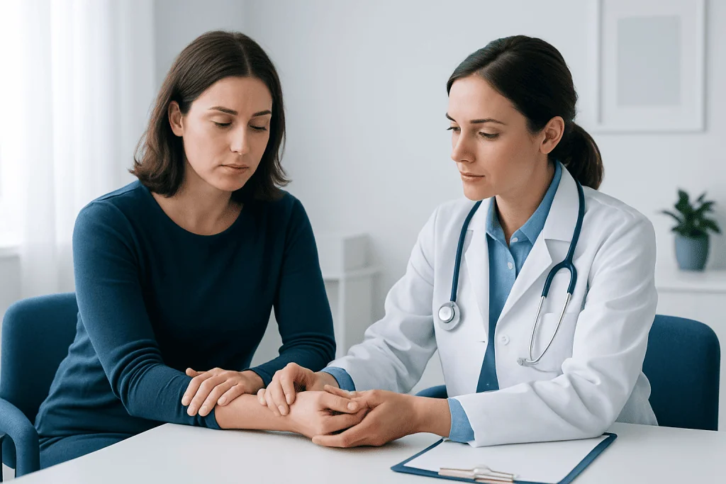 Doctor examining patient's wrist for thumb pain assessment.