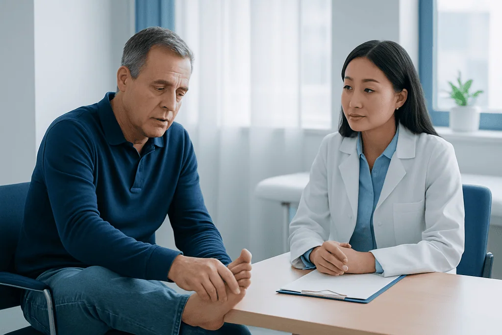 Doctor consulting with a patient about foot pain and arthritis.