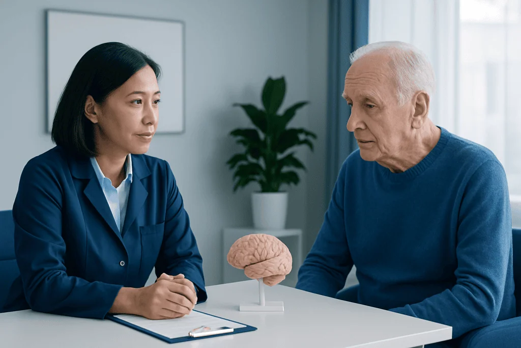 Doctor and elderly patient discussing brain health in a consultation room.