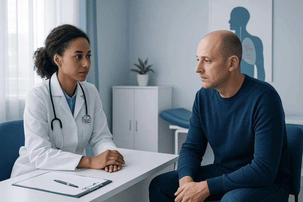 Doctor consulting with a male patient in a medical office.