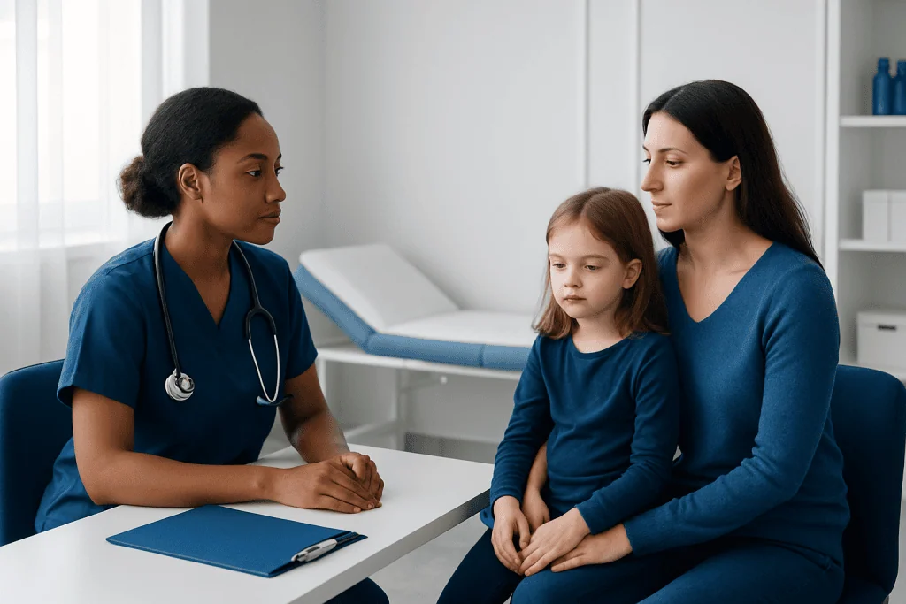 Pediatric consultation for anemia with doctor and mother in clinic.