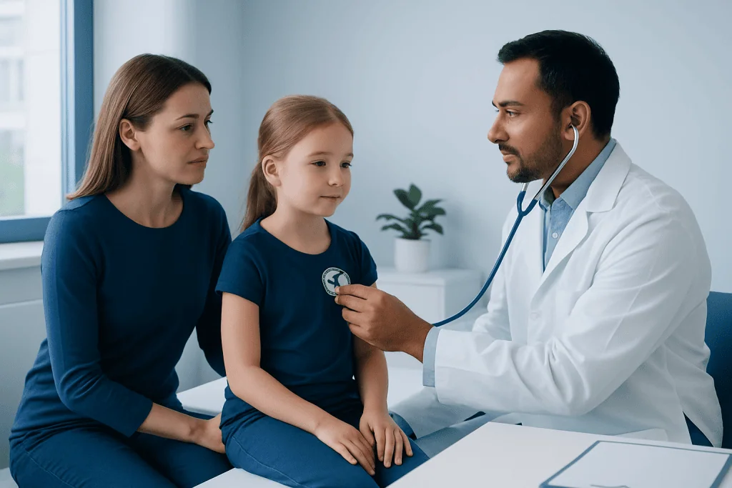 Pediatric cardiologist examining a young girl with her mother present.
