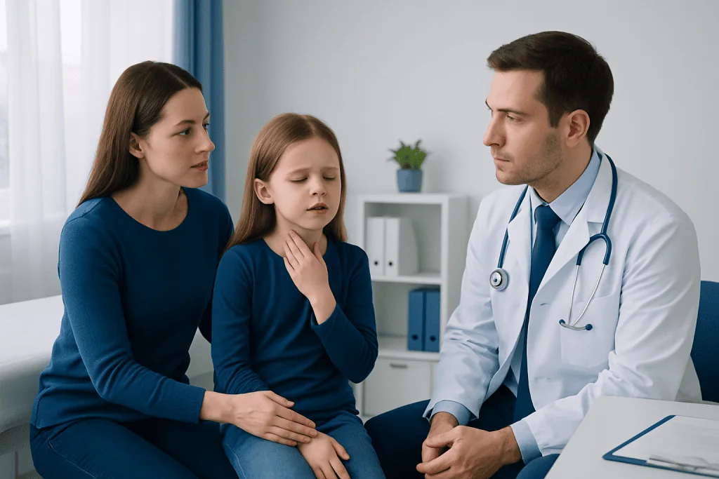 Doctor examining a young girl with sore throat symptoms in a clinic.