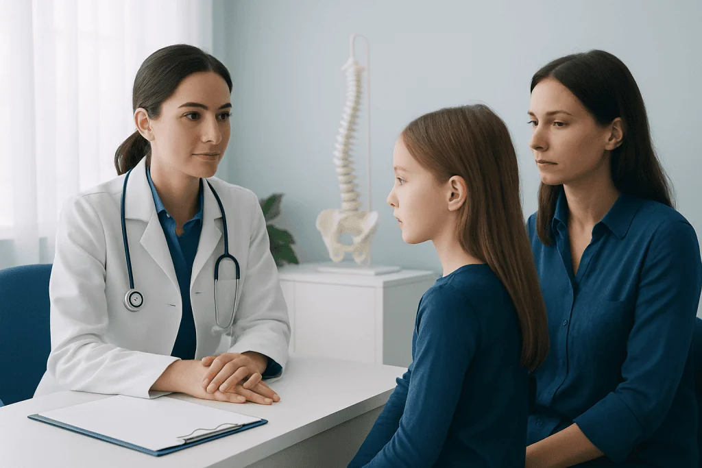 Pediatric consultation for scoliosis with doctor and mother.