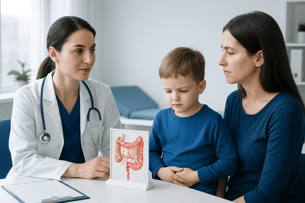Pediatric consultation on intestinal health with doctor and mother.