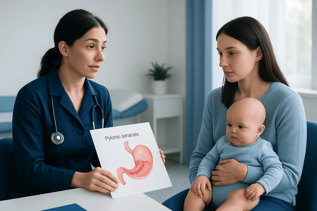 Pediatric consultation about pyloric stenosis with doctor and mother.