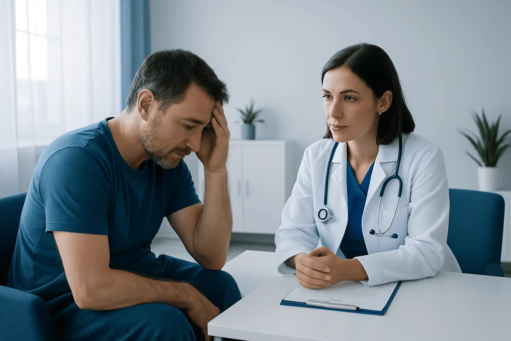 Patient distressed during consultation with doctor in a medical office.