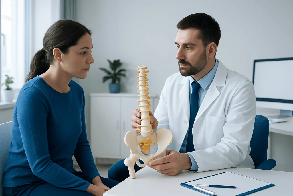 Doctor explaining sacroiliac joint to patient with model.